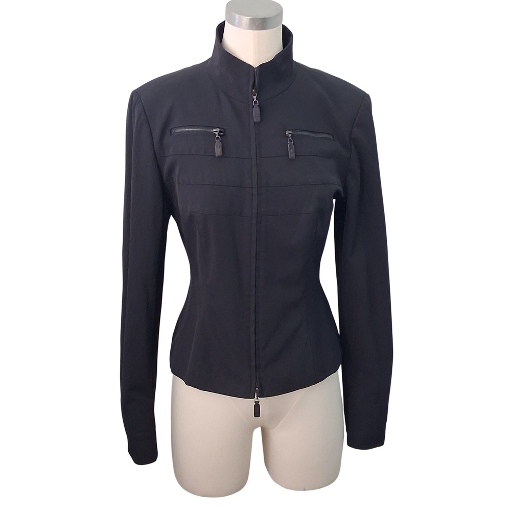 Escada Jacket Women 38 S/M Black Moto Zip Mock Neck Seam Detail Slim Fit